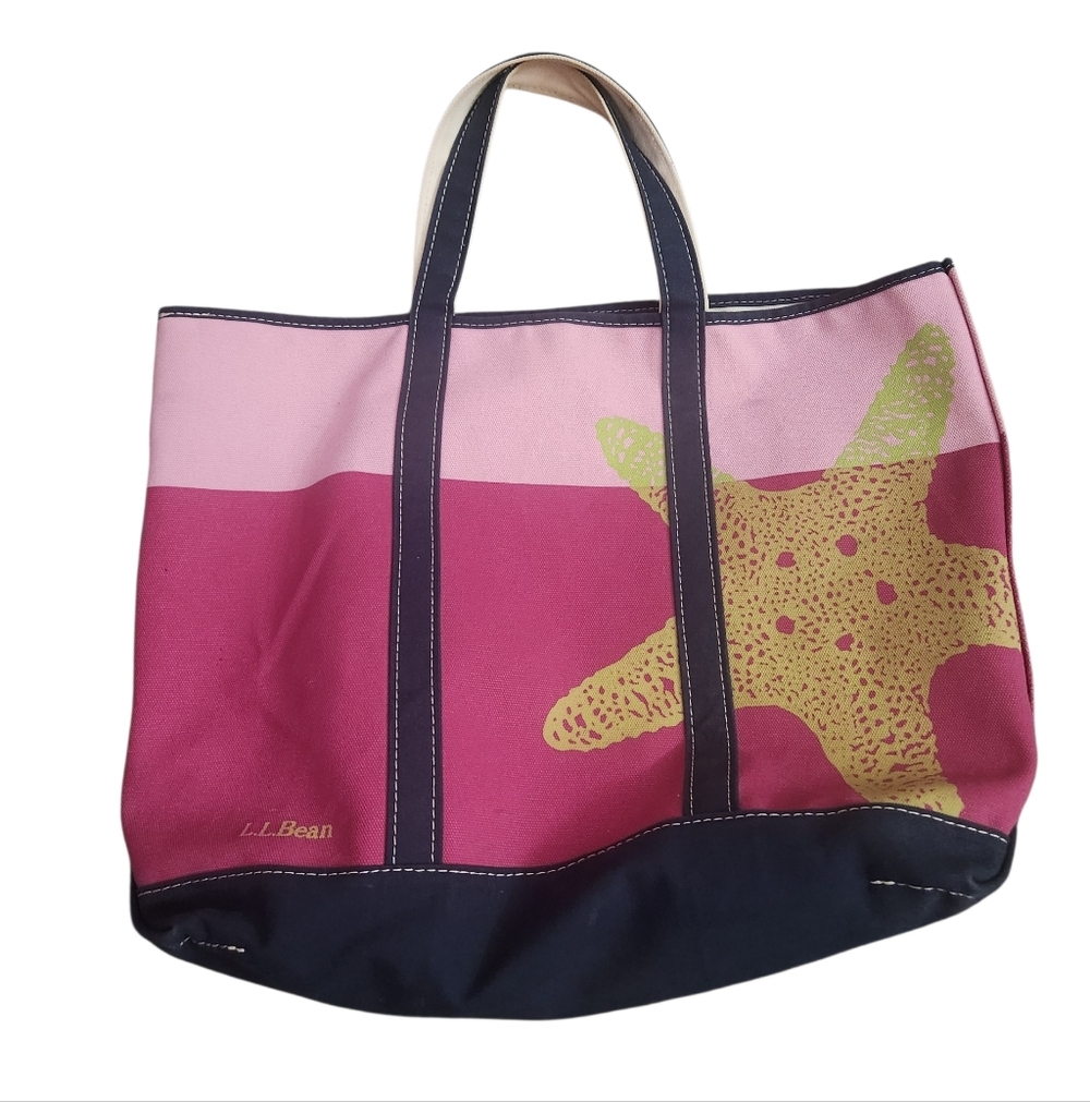 LL Bean Canvas Tote Pink Starfish Summer Beach Coastal Vacation Large RARE